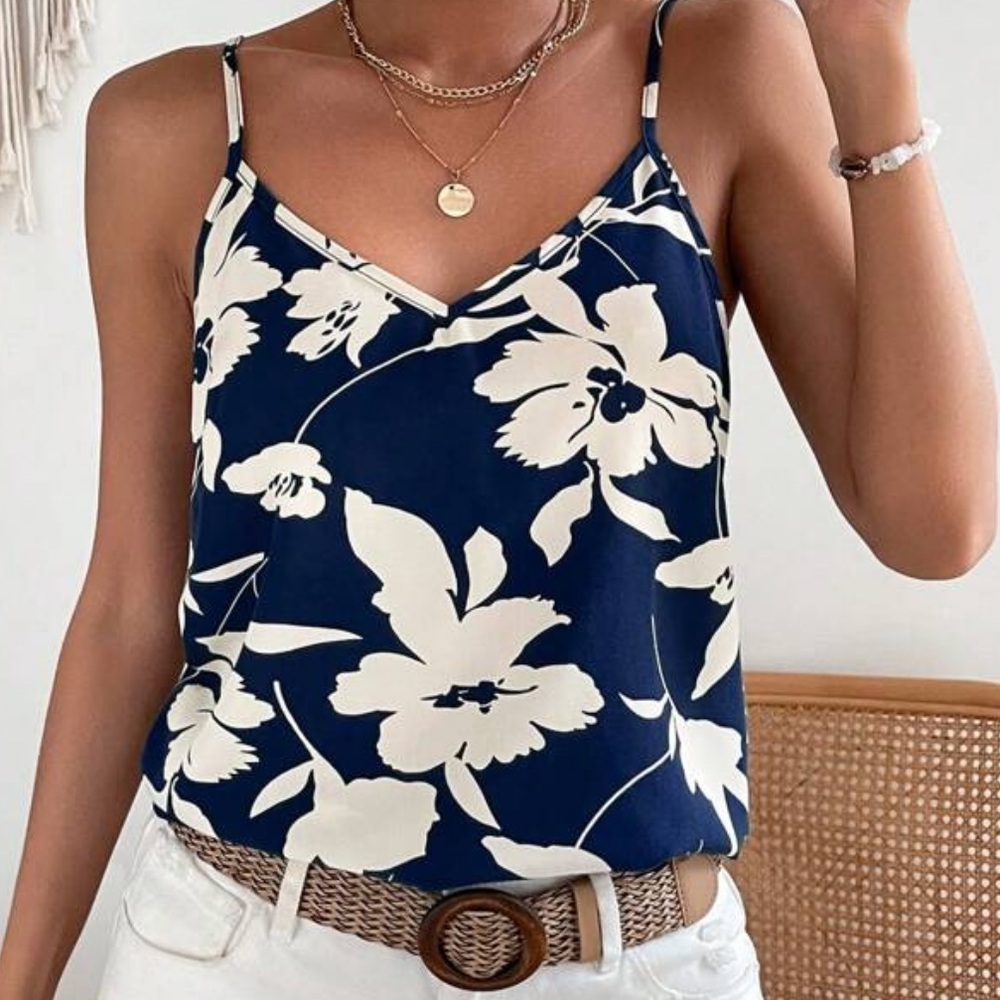 New V neck Floral Navy and White Women's Top